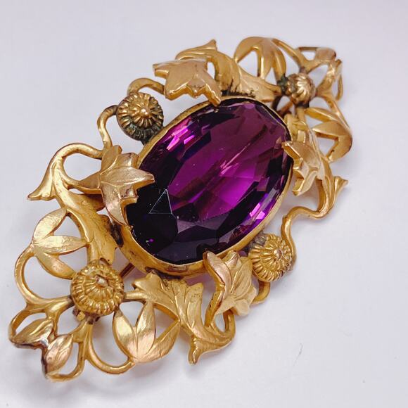 Antique Art Nouveau Gold Tone Ivy Vine Brooch Purple Glass Edwardian 1900s Pin - Picture 12 of 14